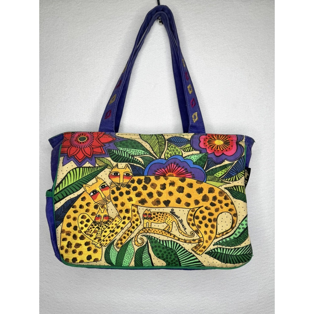 Laurel Burch Leopards of Shambala Tote Bag Cats Floral Canvas Purple Handles